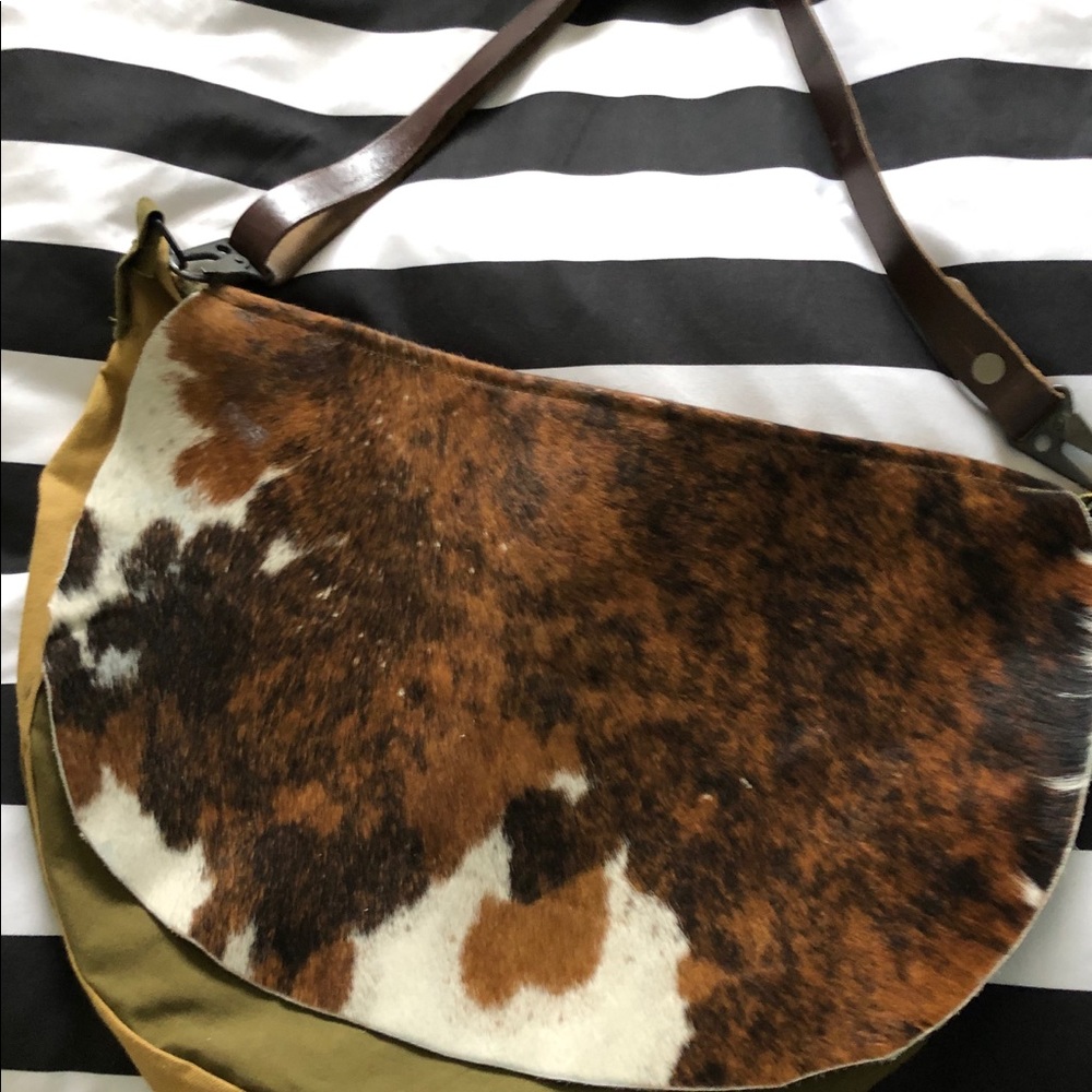 Side Body Bag Real Cow Hid Canvas Leather Strap - Picture 5 of 15